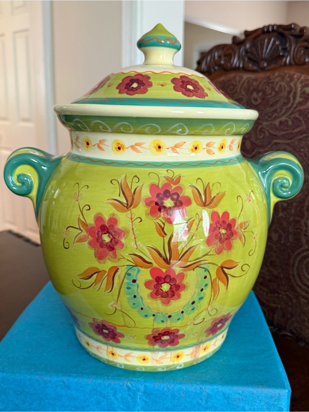 Pier 1 Hand-Painted Ceramic Cookie Jar Canister Lime Green Floral Lid w/Seal 12”